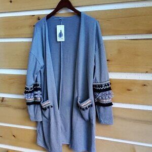 BTFBM Gray Unique Embellished Ribbon, Pompoms Sleeves & Pockets‎ Sz. L LS Jacket